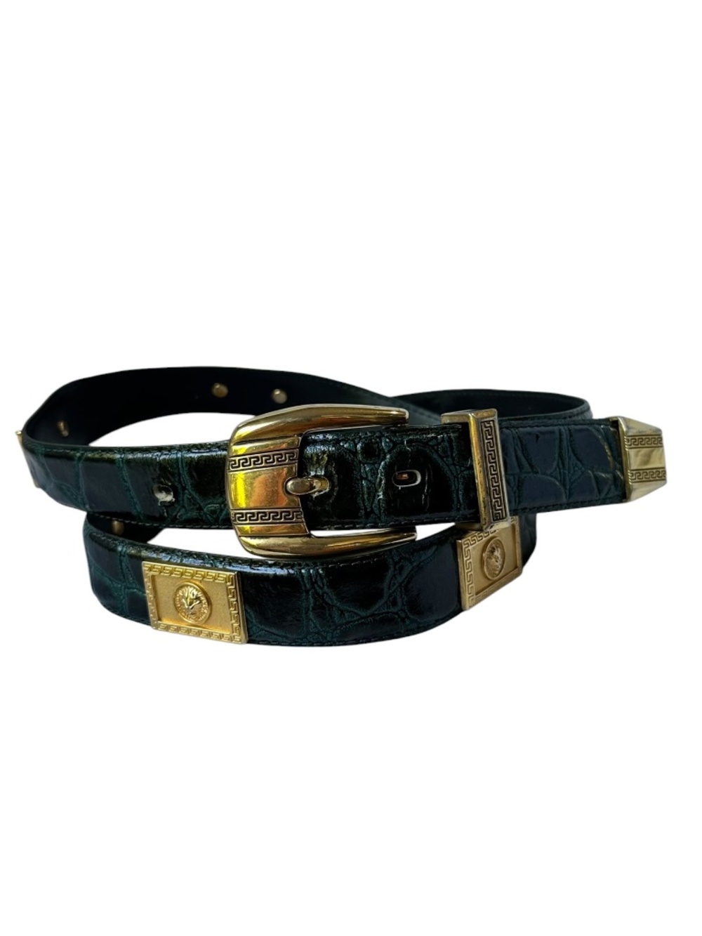 Vintage Green Croc Embossed Leather Women's Belt size 38 L Lion Head